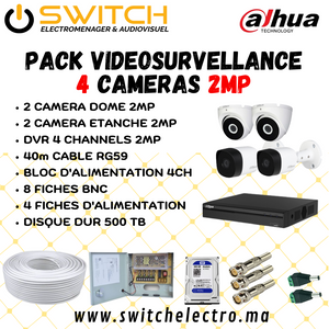 Pack de Videosurveillance DAHUA complet 4 caméras 2MP - SWITCH Maroc
