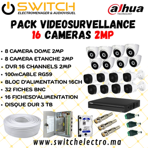 Pack de Videosurveillance DAHUA complet 16 caméras 2MP - SWITCH Maroc