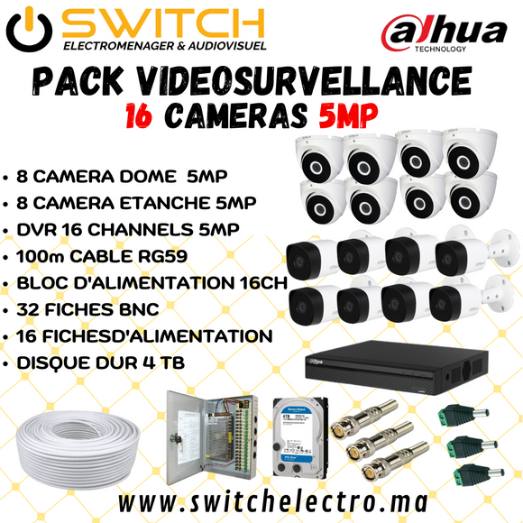Pack de Videosurveillance DAHUA complet 16 caméras 5MP - SWITCH Maroc