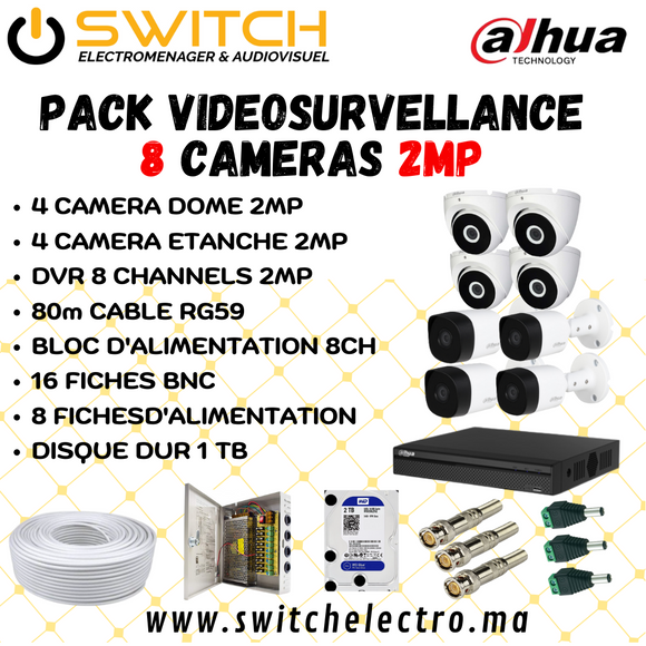 Pack de Videosurveillance DAHUA complet 8 caméras 2MP - SWITCH Maroc
