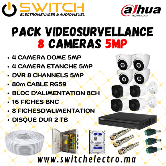 Pack de Videosurveillance DAHUA complet 8 caméras 5MP - SWITCH Maroc